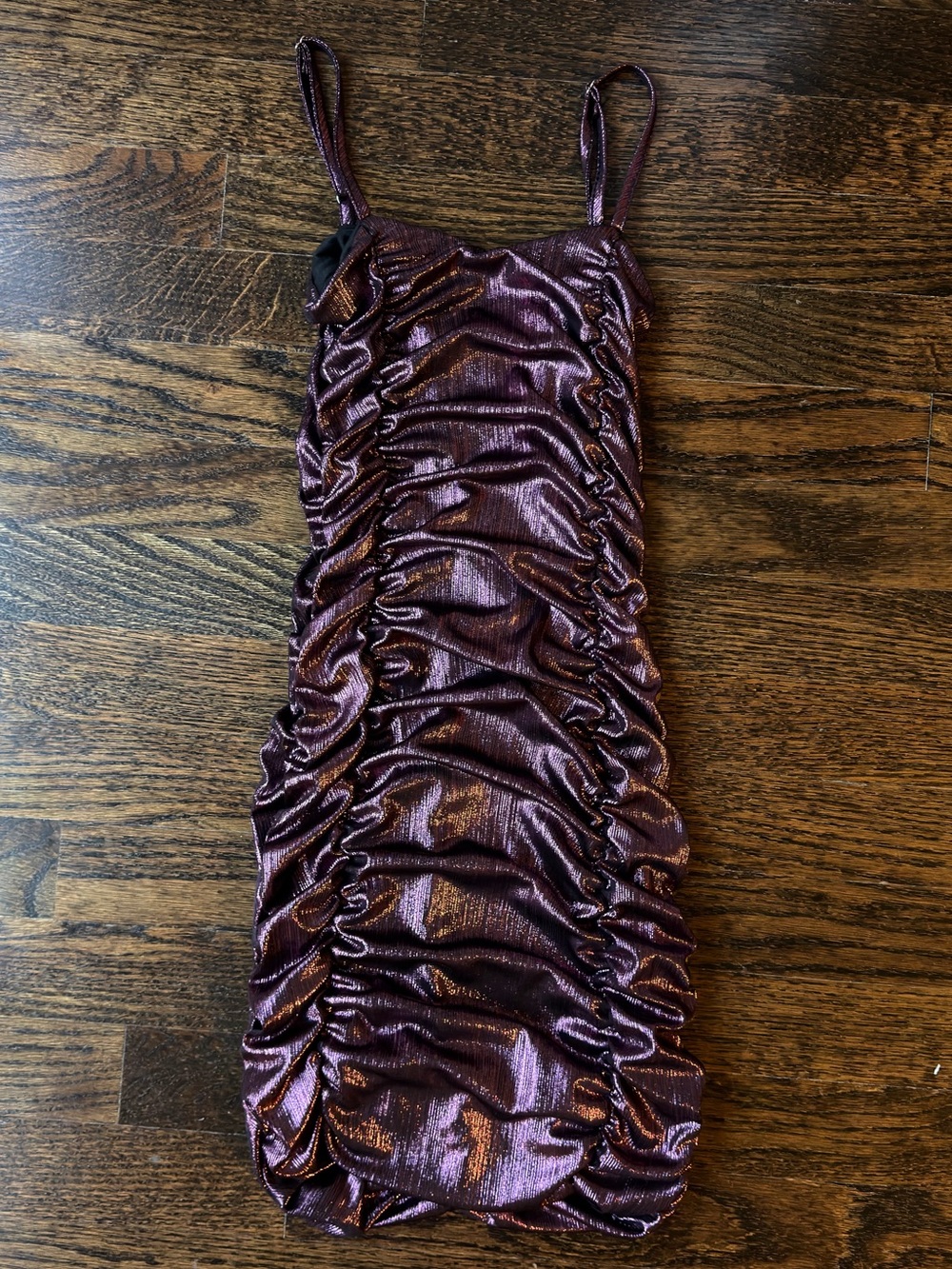 Katie J NYC Metallic Ruched Spaghetti Strap Dress - Plum